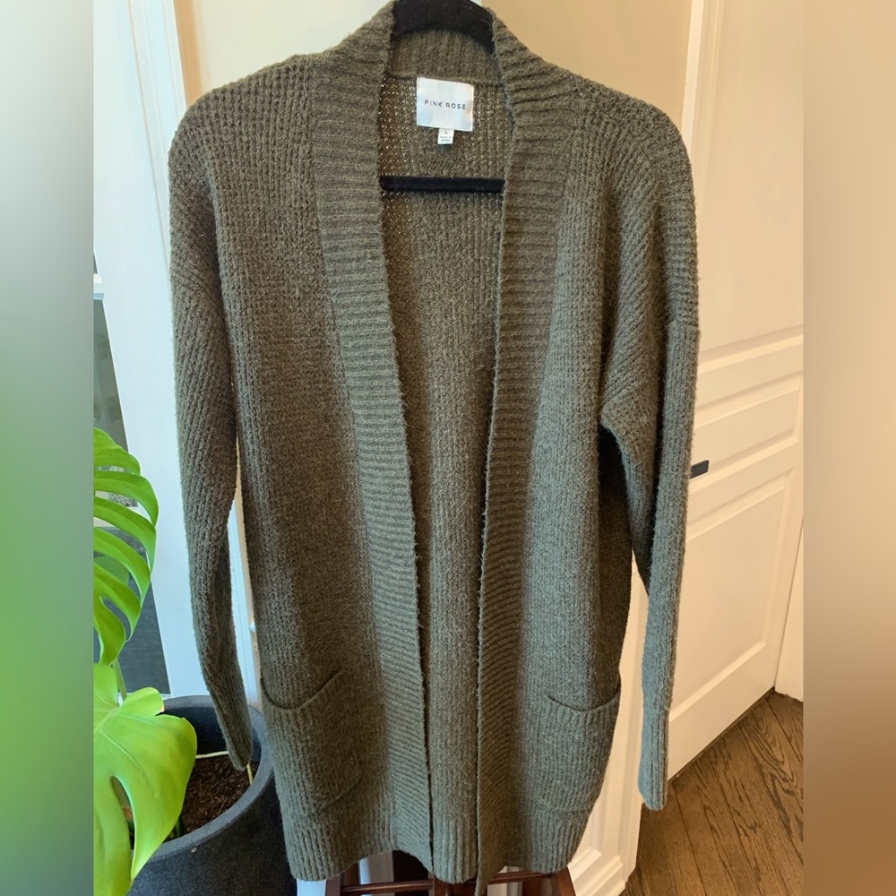 Pink Rose women’s L muted dark green knit long sleeve cardigan